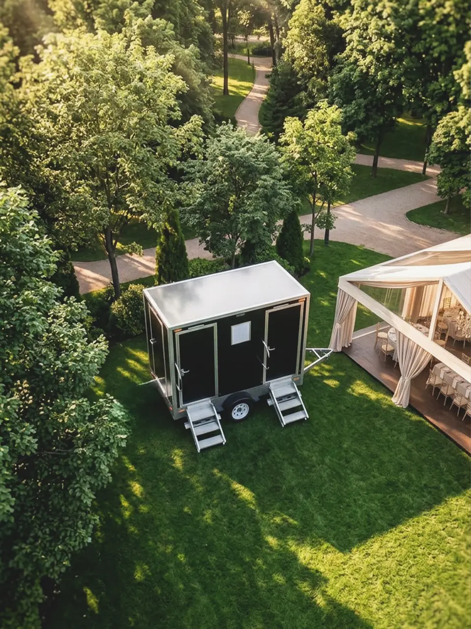 Restroom trailer parked on a lawn beside a garden event
